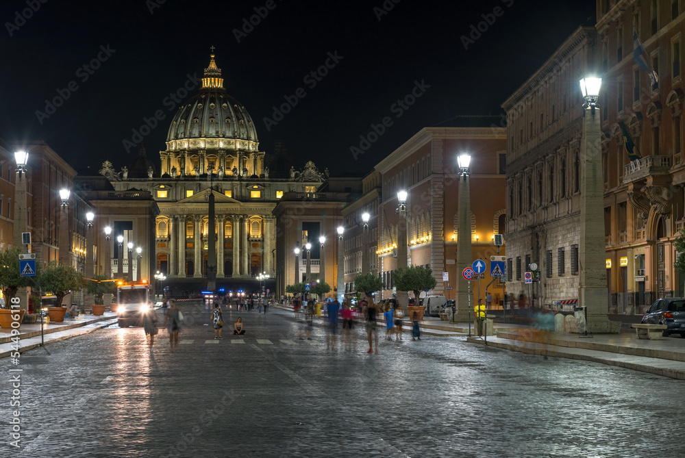 Fototapeta premium Along avenue Della Conciliazione to St Peter's Basilica. Night view