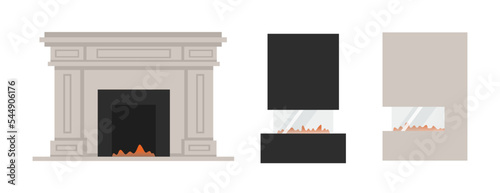 Various fireplace icons - classic and modern home fireplaces, flat vector illustration isolated on white background. Set of stone and brick chimneys with fire in the hearth.