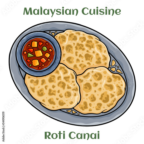 Roti Canai. A form of puffed bread served hot with curry or dhal. Malaysian Cuisine.
