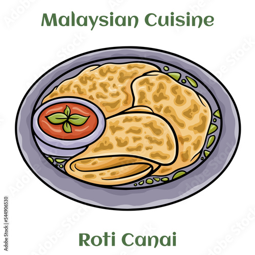 Roti Canai. A form of puffed bread served hot with curry or dhal. Malaysian Cuisine.