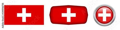 Switzerland national flag in three versions rectangular, ellipse and round flag on white background. vector illustration
