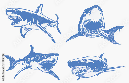 Obraz na plátně Graphical  set of blue sharks and jaws isolated on white background,vector eleme