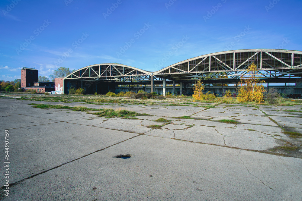 Metal structures German air hangars, abandoned military airfield Notif on Baltic spit.