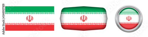 Iran national flag in three versions rectangular, ellipse and round flag on white background. vector illustration