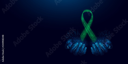 Mental health awareness month concept. Two human hands are holds green ribbon awareness. Abstract vector illustration on dark blue background.