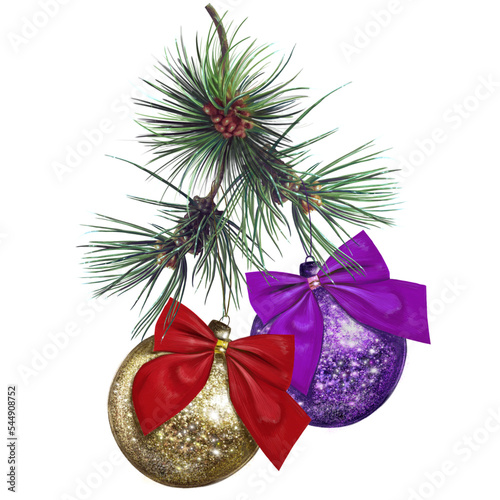 christmas decoration balls hanging from fir branch illustration