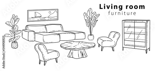 Hand-drawn interior items vector doodle. Big Cosy living room with sofa, wardrobe, painting and plants. Vector illustration.