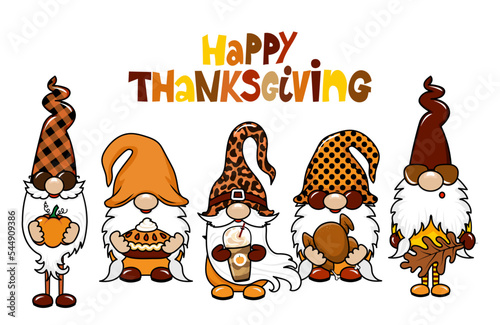 Happy Thanksgiving gnomes with autumn pumpkin. Nordic magic dwarf. Cute holidays Elf with hat. Vector illustration for Harvest, Happy Thanksgiving. I love Fall day.
