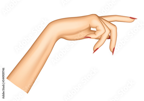 Female pointing hand isolated on white. Index finger of woman. Vector illustration