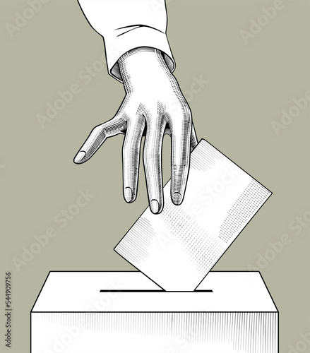 Hand putting voting paper in the ballot box. Vintage engraving stylized drawing. Vector illustration 