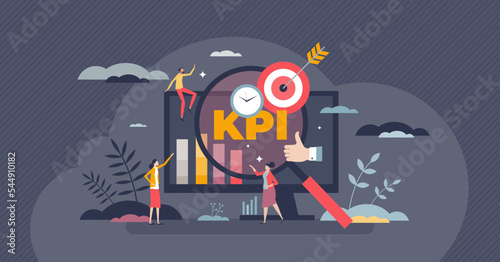 KPI or key performance indicator as performance measure tiny person concept. Data evaluation for organization success and activity improvement vector illustration. Company target or goal measurement.