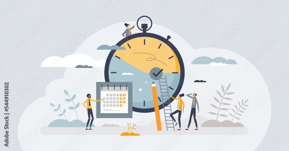 Efficiency with productive process time management tiny person concept. Teamwork and precise schedule with tasks as productivity and effective work vector illustration. Monthly priority planning. - obrazy, fototapety, plakaty 