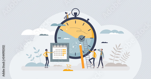 Efficiency with productive process time management tiny person concept. Teamwork and precise schedule with tasks as productivity and effective work vector illustration. Monthly priority planning. photo