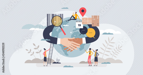 SCM or supply chain management as goods logistics flow tiny person concept. International distribution, planning and sourcing services for global worldwide production and shipments vector illustration