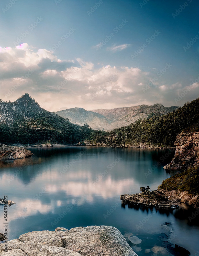 Horizontal shot of a untouched  mountains with peaceful river 3d illustrated