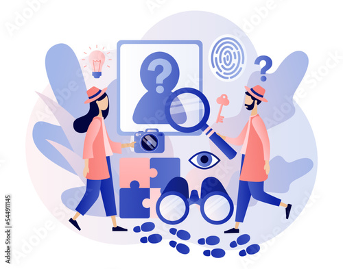 Detective agency. Private detective solving crime and search criminals. Searching evidences. Photos, notes, fingerprints and map. Modern flat cartoon style. Vector illustration on white background