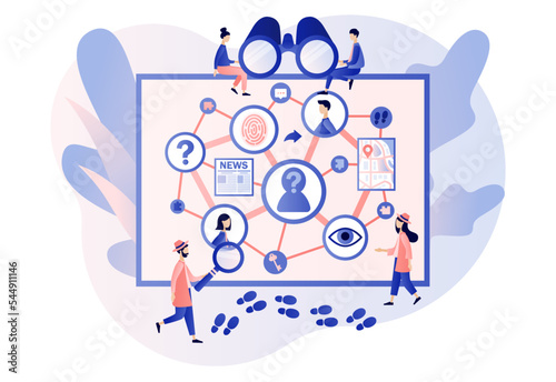 Detective agency. Investigation board with photos, notes and map attached. Private detective solving crime and search criminals. Searching evidences. Modern flat cartoon style. Vector illustration
