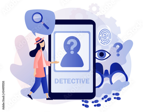 Detective agency. Searching evidences online. Private detective solving crime and search criminals. Photos, notes, fingerprints  and map attached. Modern flat cartoon style. Vector illustration