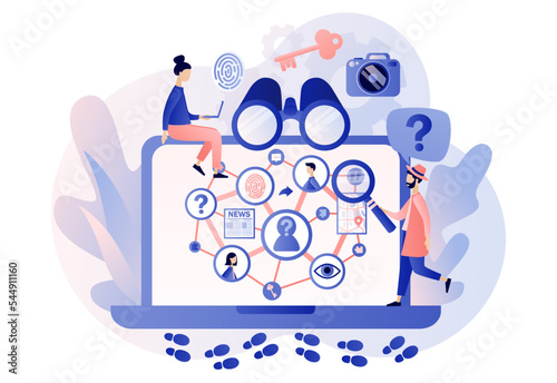 Detective agency. Investigation board with photos, notes and map attached online. Private detective solving crime and search criminals. Searching evidences. Modern flat cartoon style. Vector 