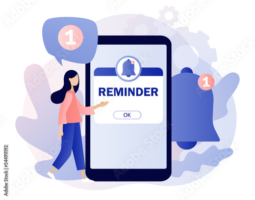 Reminder concept. Notifications page with notification bell on smartphone. New notice. Important reminder. Event push message. Modern flat cartoon style. Vector illustration on white background