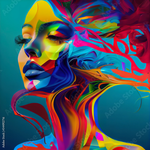 Striking digital artwork of a woman's profile with flowing, multicolored waves as hair. Ideal for designs emphasizing creativity, beauty, and fluid motion. generative ai 