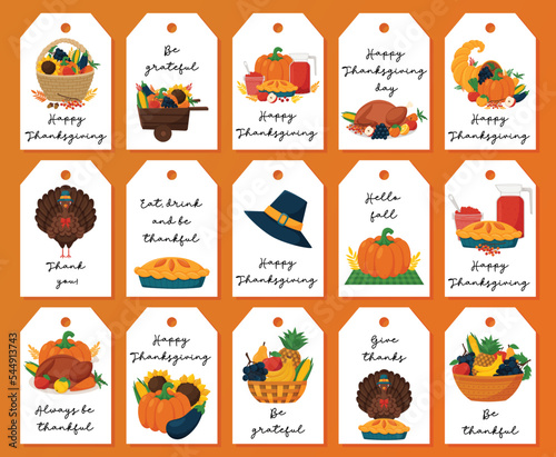 Thanksgiving Gift Tag Set. Ready-to-print label postcards with illustrations and handwritten greetings. Flat vector illustrations on white background.