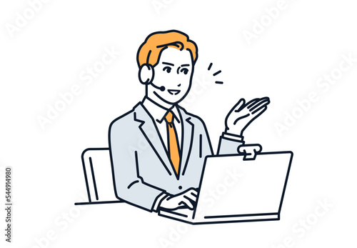 オンラインで案内をするスーツ姿の若い男性のシンプルなベクターイラスト素材