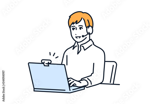 PCでオンライン通話をする男性のシンプルなベクターイラスト素材