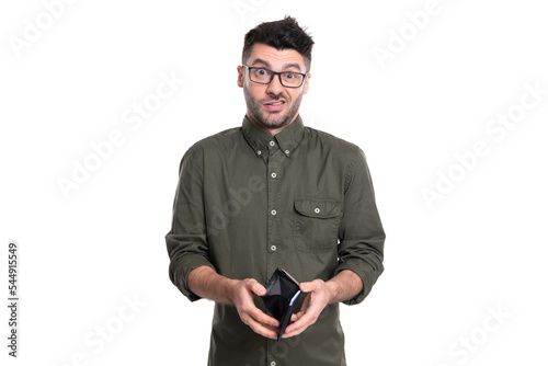 confused poor man hold wallet. studio shot of poor man with wallet. no money in wallet of poor man