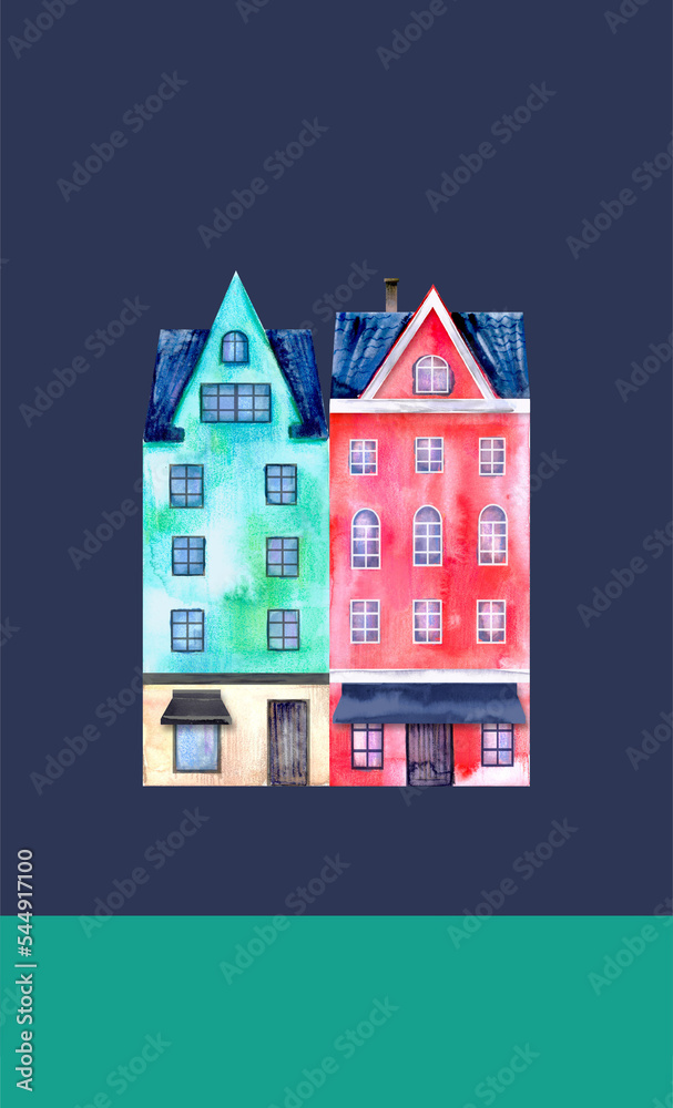 Hand drawn watercolor house in bright colors