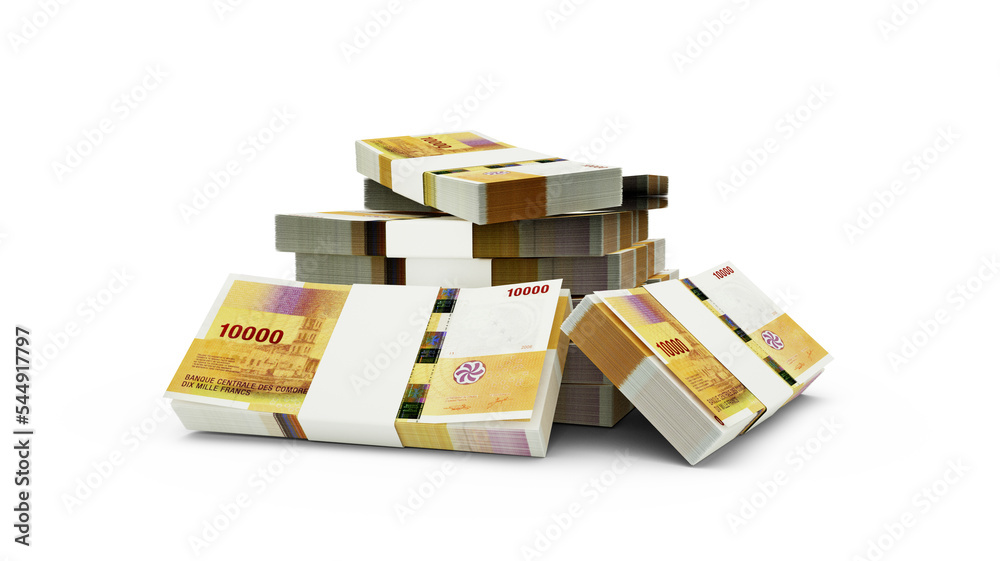 3d rendering of Stack of 1000 Comorian franc notes. bundles of Comorian currency notes isolated on white background 3d rendering of Stack of 1000 Comorian franc notes. bundles of Comorian currency notes isolated on white background
