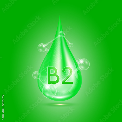 Vitamin B2 collagen serum water drop isolated on dark background. Solution complex green with molecule oxygen bubbles surround. Beauty skincare cosmetics. Medical concepts. 3D Realistic Vector.