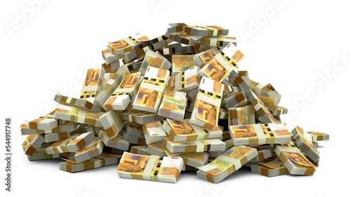 Big pile of Comorian franc notes a lot of money over white background. 3d rendering of bundles of cash photo