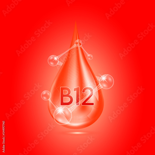 Vitamin B12 collagen serum water drop isolated on dark background. Solution complex red with molecule oxygen bubbles surround. Beauty skincare cosmetics. Medical concepts. 3D Realistic Vector.