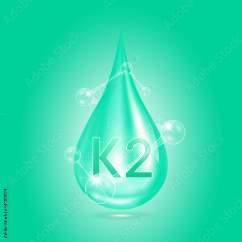 Vitamins K2 collagen serum water drop isolated on dark background. Solution complex green with molecule oxygen bubbles surround. Beauty skincare cosmetics. Medical concepts. 3D Realistic Vector.