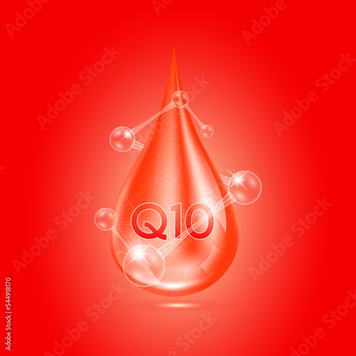 Coenzyme Q10 collagen serum water drop isolated on dark background. Solution complex red with molecule oxygen bubbles surround. Beauty skincare cosmetics. Medical concepts. 3D Realistic Vector.