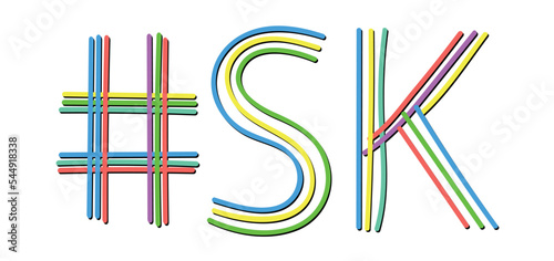 SK Hashtag. Isolate doodle lettering text from multi-colored curved neon lines like from a felt-tip pen, pensil. #SK is abbreviation for the Canadian Saskatchewan for banner, social network, t-shirts