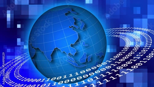 Animated Binary Code circles around earth on abstract background from moved square elements