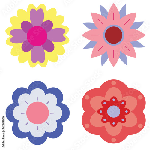 Collection of flat vector cartoon flowers. Set of silhouettes isolated on white background. Bright icons for design, printing, stickers, scrapbooking. Cute, simple style. Daisy, aster.