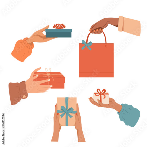 Hands holding gift set. Offering present in box for holiday. Flat vector illustration