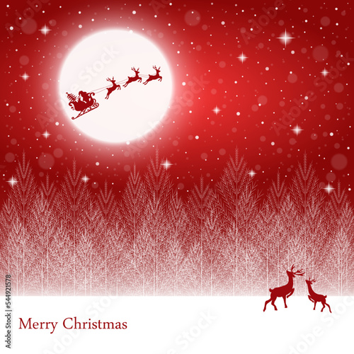 Santa Claus and gifts in sleigh with reindeers.