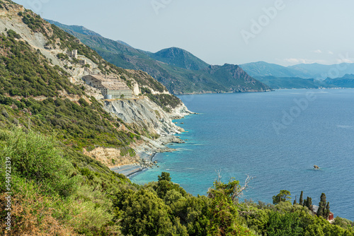 Panoramic landscape with the old abandoned factory near Nonza. Cape Corse, France.