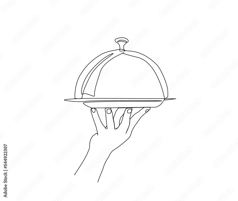Continuous one line drawing of hand holding silver cloche food cover