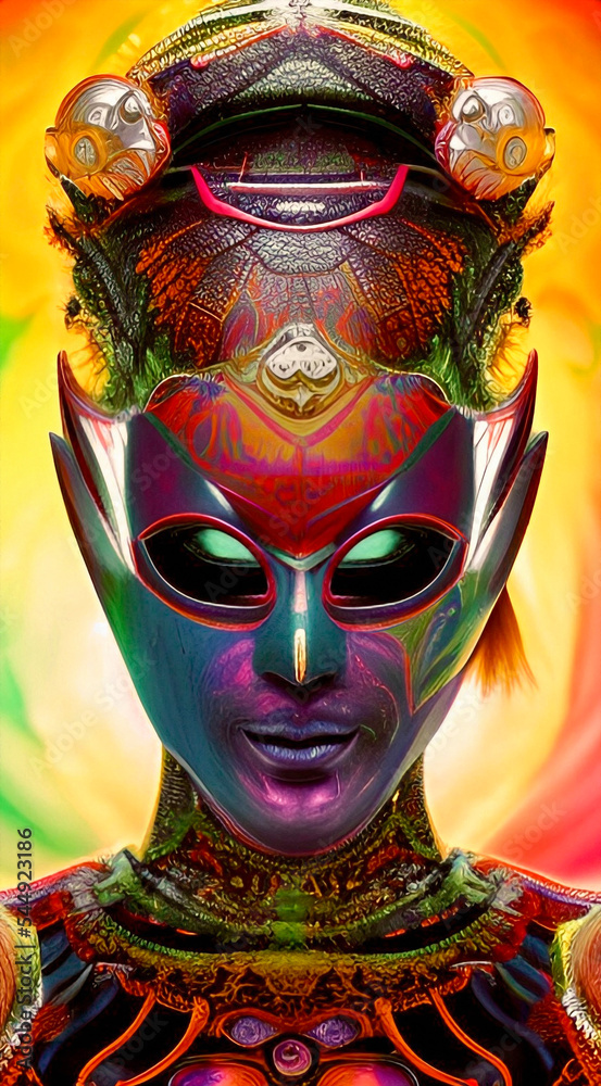 the multicolored mask of the deity, digital illustration