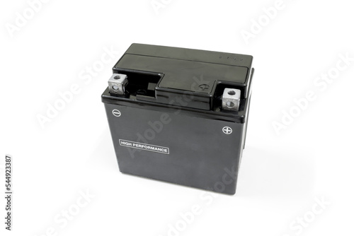 Motorcycle battery on white background, Car maintenance service.