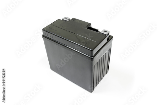 Obraz na płótnie Motorcycle battery on white background, Car maintenance service. w salonie