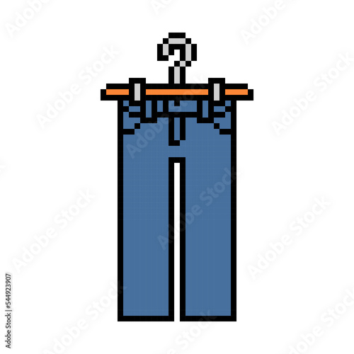 Pixel art symbol of jeans or blue denim pants on a hanger isolated on white background. Fashion clothes icon. Old school retro vintage 90s, 80s 8 bit slot machine, 2d video game graphics.