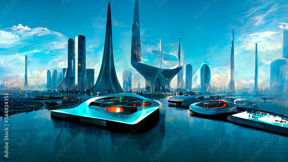 Futuristic urban landscape. Virtual reality. Megapolis with robotic computer technologies. 2025.