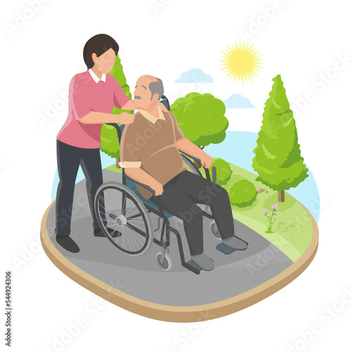 Elderly care bedridden patient concept old man smile sit on wheelchair in nature garden family isometric