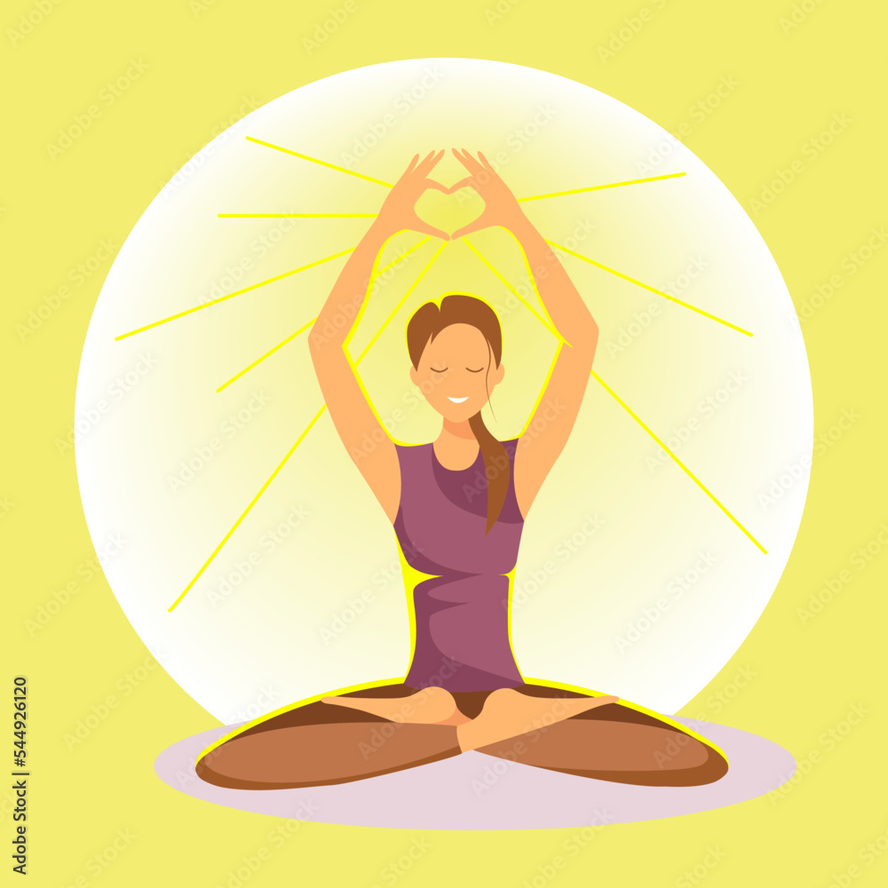 Young woman sitting in yoga lotus position, sun salutation